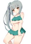  1girl bikini blue_ribbon brown_eyes cowboy_shot flat_chest frilled_bikini frills green_bikini grey_hair hair_ribbon kantai_collection kasumi_(kantai_collection) long_hair navel ribbon side_ponytail simple_background solo standing swimsuit toshishikisai white_background 