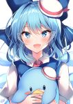  1girl :d absurdres bangs blue_bow blue_eyes blush bow cirno collared_shirt commentary_request creature eyebrows_visible_through_hair fang hair_bow hat heart heart-shaped_pupils highres holding ice ice_wings large_bow looking_at_viewer medium_hair mini_hat nenobi_(nenorium) open_mouth pink_neckwear shirt short_sleeves signature simple_background skin_fang smile solo symbol-shaped_pupils touhou upper_body white_background white_headwear white_shirt wings 