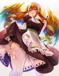  1girl :o apron bangs blush breasts broom dress dress_lift drill_hair earrings elbow_gloves garter_straps gloves green_eyes hair_between_eyes hair_ribbon highres holding holding_broom jewelry leilan_(p&amp;d) long_hair maid maid_headdress orange_hair puffy_short_sleeves puffy_sleeves puzzle_&amp;_dragons ribbon short_sleeves sidelocks solo thigh-highs twin_drills white_gloves white_legwear wings yuzutosen 
