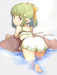  1girl ass bikini from_behind granblue_fantasy green_hair harvin instrument jingai_modoki looking_back mimlememel pointy_ears ponytail swimsuit trumpet turtle twitter_username violet_eyes water 