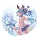  1girl alpha_transparency animal_ears ass bangs bikini_skirt blue_flower blue_hair blue_ribbon blue_skirt brown_eyes erune ferry_(granblue_fantasy) flower ghost granblue_fantasy hair_between_eyes hair_flower hair_ornament hair_ribbon innertube jewelry long_hair looking_at_viewer looking_back minaba_hideo official_art outstretched_hand ponytail purple_flower rabbit_ears ribbon single_earring skirt solo swimsuit transparent_background wavy_hair 