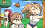  1other 3girls adapted_costume ahoge akigumo_(kantai_collection) asymmetrical_bangs bangs blue_sky blue_swimsuit braid brown_hair clouds commentary_request covered_navel crossover dated day doubutsu_no_mori falling green_eyes hair_flaps hair_ribbon hairband hamu_koutarou highres hornet_nest i-26_(kantai_collection) kantai_collection kawakaze_(kantai_collection) light_brown_hair long_hair low_twintails multiple_girls new_school_swimsuit outdoors pencil ponytail pushing redhead remodel_(kantai_collection) ribbon scarf school_swimsuit shirt sidelocks sketch_pad sky swimsuit swimsuit_under_clothes t-shirt tanukichi_(doubutsu_no_mori) tree twin_braids twintails two_side_up very_long_hair wasp_nest white_scarf white_shirt yellow_eyes 