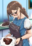  1girl apron bangs black-framed_eyewear blue_dress blush braid breasts brown_eyes brown_hair candy chocolate chocolate_heart closed_mouth consort_yu_(fate) dress ear_piercing earrings fate/grand_order fate_(series) food glasses grey_apron hair_ornament hairclip heart hidebuu highres jewelry large_breasts long_hair multiple_earrings piercing puffy_short_sleeves puffy_sleeves ribbed_dress short_sleeves solo tray very_long_hair white_apron wristband 