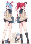  3girls alternate_costume aoba_(kantai_collection) ass bag bangs bare_legs black_legwear blue_hair blue_sailor_collar blue_skirt blurry blurry_background blush breasts brown_footwear cardigan cellphone eyebrows_visible_through_hair fang from_behind full_body hair_ribbon highres i-168_(kantai_collection) i-19_(kantai_collection) kantai_collection kneehighs lifted_by_self long_hair long_sleeves looking_at_viewer looking_back multiple_girls one_eye_closed open_mouth panties phone pink_hair pink_panties ponytail red_eyes redhead ribbon sailor_collar school_bag school_swimsuit school_uniform serafuku shoes shoulder_bag simple_background skirt skirt_lift smile standing star-shaped_pupils star_(symbol) sweater swimsuit swimsuit_under_clothes symbol-shaped_pupils taking_picture tiemu_(man190) underwear white_background 