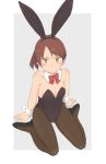  1girl animal_ears black_footwear black_legwear black_leotard border bow bowtie breasts brown_eyes brown_hair bunnysuit commentary_request detached_collar grey_background high_heels kantai_collection kugui_kiyunemu leotard looking_at_viewer pantyhose ponytail rabbit_ears red_neckwear shikinami_(kantai_collection) short_hair sitting small_breasts solo strapless strapless_leotard two-tone_background wariza white_border wrist_cuffs 
