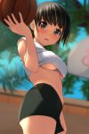  1girl absurdres ball bangs bare_arms basketball basketball_hoop black_hair black_shorts blurry blurry_background blush breasts brown_eyes day depth_of_field eyebrows_visible_through_hair highres holding holding_ball looking_at_viewer matsunaga_kouyou medium_breasts nose_blush open_mouth original outdoors shirt short_hair short_shorts shorts sleeveless sleeveless_shirt solo standing under_boob white_shirt 