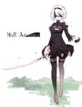  1girl android black_blindfold black_footwear black_gloves black_hairband black_legwear blindfold boots cleavage_cutout copyright_name covered_nipples english_text gloves hairband highres holding holding_sword holding_weapon katana mik3d mole mole_under_mouth nier_(series) nier_automata parted_lips pink_lips puffy_sleeves short_hair sword thigh-highs thigh_boots turtleneck weapon white_hair yorha_no._2_type_b 