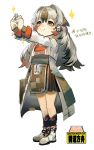  1girl absurdres arknights bangs black_legwear black_skirt blush brown_eyes brown_hair child chinese_text coin eyebrows_visible_through_hair full_body grey_footwear grey_hair highres long_hair long_sleeves looking_at_object moyamoya_(moya11158375) multicolored_hair outstretched_arms shoes sign simple_background skirt smile snowsant_(arknights) solo sparkle tearing_up translation_request two-tone_hair warning_sign white_background younger 