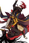  1boy 1girl bangs black_hair dynamic_pose family_crest fate_(series) fighting fighting_stance full_body gloves hair_between_eyes hair_over_one_eye hat japanese_clothes koha-ace long_hair long_sleeves mori_nagayoshi_(fate) mozu_suka oda_nobunaga_(fate)_(all) oda_uri peaked_cap pointing_weapon polearm ponytail red_eyes redhead smile spear spiky_hair very_long_hair weapon yellow_eyes 