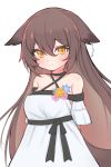  1girl animal_ears arms_behind_back bare_shoulders breasts brown_hair dress earrings ears_down fenrir_(fenriluuu) flower highres jewelry long_hair medium_breasts short_sleeves smile tail upper_body vrchat white_dress yellow_eyes 