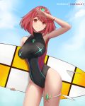  1girl armpits arms_up artist_name bare_arms bare_shoulders black_swimsuit blue_sky blush breasts closed_mouth collarbone competition_swimsuit contrapposto cowboy_shot dakkalot day earrings gem holding pyra_(xenoblade) jewelry large_breasts looking_at_viewer neon_trim one-piece_swimsuit outdoors red_eyes redhead salute short_hair sky smile solo surfboard swimsuit thighs tiara xenoblade_(series) xenoblade_2 