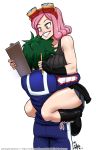  1boy 1girl boku_no_hero_academia boots breast_smother breasts carrying clipboard goggles goggles_on_head green_hair hatsume_mei highres hug jerk_douglas midoriya_izuku pencil pink_hair skirt smile yellow_eyes 