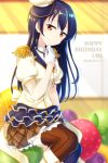  1girl bangs birthday blue_hair cake character_name commentary_request dated english_text epaulettes food gloves hair_between_eyes happy_birthday hat long_hair looking_at_viewer love_live! love_live!_school_idol_festival love_live!_school_idol_project mismatched_legwear morugen short_sleeves sitting smile solo sonoda_umi striped striped_legwear thigh-highs vertical-striped_legwear vertical_stripes white_gloves yellow_eyes 