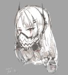  1girl collarbone dated face fish_g girls_frontline green_eyes grey_background greyscale hair_ornament hairclip highres long_eyelashes long_hair m4_sopmod_ii_(girls_frontline) mask monochrome mouth_mask signature simple_background sketch solo spot_color upper_body 