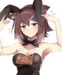  1girl :3 animal_ears armpits black_neckwear bow bowtie breasts brown_hair bunnysuit cat_ears commentary_request detached_collar fake_animal_ears fish_hair_ornament fumino_tamaki green_eyes hair_ornament highres large_breasts looking_at_viewer nijisanji rabbit_ears ramu_(taka1995) short_hair simple_background solo translation_request upper_body virtual_youtuber white_background 
