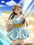  1girl :d barefoot beach blue_dress bow brown_eyes brown_hair dress dress_bow hand_over_face hat hat_removed headwear_removed holding holding_clothes holding_hat kinfuji long_hair ocean open_mouth original smile solo sun_hat sunlight water 