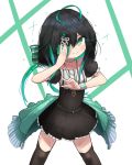  1girl bangs bare_shoulders black_hair black_legwear blush deep_shine eyebrows_visible_through_hair green_eyes green_hair green_jacket hair_between_eyes highres jacket looking_at_viewer multicolored_hair nijisanji nijisanji_kr shin_yuya simple_background skirt smile white_background younger 