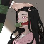  1boy 1girl bit_gag black_hair blush gag hand_on_another&#039;s_head japanese_clothes kamado_nezuko kamado_tanjirou kimetsu_no_yaiba kimono long_hair long_sleeves neko_(ganecooo) patting pink_eyes pink_kimono wide_sleeves 