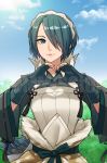  1girl arrow_(projectile) blue_eyes blue_hair clouds commission day drawingddoom eyebrows_visible_through_hair fire_emblem fire_emblem_fates gloves hair_over_one_eye hairband heart highres outdoors parted_lips setsuna_(fire_emblem) short_hair sky smile solo upper_body 