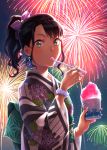  1girl black_hair blush bow eating fireworks green_eyes hair_bow highres holding holding_spoon japanese_clothes kimono long_hair looking_at_viewer nail_polish night original ponytail shaved_ice solo spoon wedo wide_sleeves yukata 