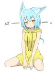  1girl absurdres animal_ear_fluff animal_ears bangs bare_arms between_legs blue_hair blush breasts brown_eyes commentary_request drawstring eyebrows_visible_through_hair full_body hair_between_eyes hand_between_legs highres hood hood_down hoodie hoodie_dress idaten93 long_hair looking_at_viewer original parted_lips shadow sitting sleeveless sleeveless_hoodie small_breasts solo translation_request wariza white_background yellow_hoodie 
