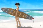  1girl beach bikini black_hair blue_bikini blue_sky brown_eyes day holding holding_surfboard kaga_(kantai_collection) kantai_collection kontanro long_hair ocean outdoors sand short_sidetail side_ponytail sky solo standing surfboard surfboard_leash swimsuit water waves 