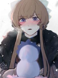  2girls black_collar blue_eyes blush bonnet brown_hair character_snowman coat collar columbina_(genshin_impact) detached_collar fatui_coat fur-trimmed_coat fur-trimmed_hood fur_hood fur_trim genshin_impact headdress highres holding_snowman hood long_sidelocks multiple_girls open_mouth out_of_frame qmn12987411 sandrone_(genshin_impact) short_hair_with_long_locks sidelocks snow snowing snowman white_headdress 