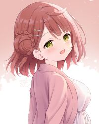  1girl :d blush braid breasts bun_with_braided_base cardigan commentary_request dress flower_hairpin from_side green_eyes hair_bun hair_ornament hairclip hanazora_satsuki large_breasts long_sleeves looking_at_viewer looking_to_the_side love_live! love_live!_nijigasaki_high_school_idol_club open_cardigan open_clothes open_mouth parallel_hairclips pink_background pink_cardigan pink_hair signature single_side_bun smile solo uehara_ayumu upper_body white_dress 