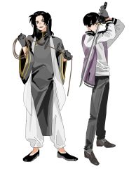  2boys are_yoyou arms_up axis_powers_hetalia baggy_pants black_gloves black_hair black_shirt black_shoes blush changpao china_(hetalia) chinese_clothes closed_mouth colored_inner_hair full_body gloves gold_trim grey_hair grey_pants hair_between_eyes hands_up highres holding holding_rope holding_sword holding_weapon jacket japan_(hetalia) katana long_hair long_sleeves looking_at_viewer male_focus mandarin_collar multicolored_hair multicolored_jacket multiple_boys official_alternate_costume one_side_up open_clothes open_jacket open_mouth pants puffy_long_sleeves puffy_sleeves purple_hair purple_jacket rope scarf shirt shoes short_hair simple_background smile standing streaked_hair sword t-shirt teeth tongue two-tone_jacket weapon white_background white_jacket white_pants white_scarf white_shirt wide_sleeves yellow_eyes 