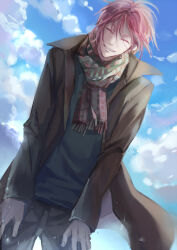  1boy 2y black_pants blue_sky brown_coat closed_eyes closed_mouth clouds coat commentary day facing_viewer free! from_below grin male_focus matsuoka_rin pants pink_hair scarf sharp_teeth short_hair sky smile solo teeth untranslatable_commentary 