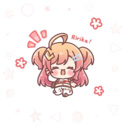  1girl :d ^_^ ahoge blush_stickers brown_hair character_request chibi closed_eyes commentary_request crop_top facing_viewer gradient_hair hair_ornament hairclip highres hololive hololive_dev_is ichijou_ririka long_hair midriff mitarashi_neko multicolored_hair navel pants purple_hair shirt simple_background smile solo two_side_up very_long_hair virtual_youtuber white_background white_pants white_shirt 