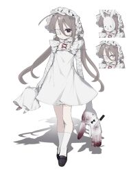  1girl bad_id bad_twitter_id bandaged_arm bandages black_shoes blood_on_object brown_hair closed_mouth corset_piercing dress eyepatch full_body hair_between_eyes highres impaled kneehighs knife kuro_yagi_(usosakana) loafers long_hair looking_at_viewer mask medical_eyepatch original rabbit_mask shoes simple_background socks standing stuffed_animal stuffed_rabbit stuffed_toy twintails white_background white_dress white_socks 