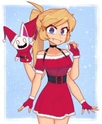  1girl 1other artist_self-insert bell belt belt_buckle black_belt black_choker blonde_hair border buckle choker christmas closed_mouth coat commentary cowboy_shot dress english_commentary extra_arms fangs fingerless_gloves fur_trim gloves hand_puppet hat highres long_hair looking_at_viewer neck_bell nelly_(xyronii) original pointy_ears ponytail puppet red_coat red_dress red_gloves red_hat red_scarf santa_hat scarf snowing waving white_border xyronii 
