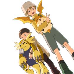  2boys 2others armadillo armadimon blonde_hair blue_eyes brown_eyes brown_hair claws closed_eyes commentary digimon digimon_(creature) digimon_adventure_02 drinking gdn0522 hat head_wings hida_iori highres holding_digimon jacket multicolored_jacket multiple_boys multiple_others open_mouth pants patamon short_hair shorts simple_background smile takaishi_takeru two-tone_jacket v white_background wings 