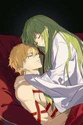  1boy 1other absurdres androgynous blonde_hair closed_eyes earrings enkidu_(fate) fate/grand_order fate_(series) gilgamesh_(fate) green_hair highres jewelry long_hair p5343 parted_lips robe short_hair white_robe 
