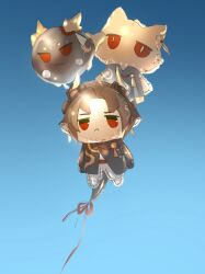  1boy :< arknights belt black_hair black_jacket character_balloon chibi chongyue_(arknights) dragon_bean_(arknights) dragon_boy dragon_horns dragon_tail highres horns jacket pants red_belt red_eyes tail white_pants zzhin3 