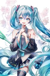  1girl absurdres aqua_eyes aqua_hair aqua_nails aqua_trim arm_tattoo armpit_crease bare_shoulders black_boots black_skirt black_sleeves black_thighhighs blush boots breasts collarbone collared_shirt commentary_request cropped detached_sleeves hair_between_eyes hair_ornament hands_on_own_chest hatsune_miku highres long_hair long_sleeves looking_at_viewer miku_day miniskirt number_tattoo open_mouth pipi_(pipinavigation) pleated_skirt shirt skirt sleeveless sleeveless_shirt small_breasts solo tattoo thigh-highs twintails very_long_hair vocaloid white_shirt 