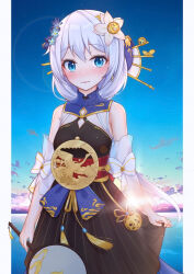  1girl blue_eyes blue_flower blue_sky chinese_clothes chinese_commentary clouds cloudy_sky commentary_request flower hair_flower hair_ornament hand_fan highres holding holding_fan hongshi_(13234456009) honkai_(series) honkai_impact_3rd looking_at_viewer ocean pantyhose sky solo sunrise theresa_apocalypse white_hair white_pantyhose zhuge_kongming_(honkai_impact) zhuge_kongming_(orchid's_night)_(honkai_impact) 