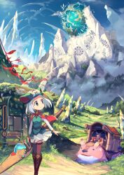  1boy 1girl absurdres bench blue_eyes blue_sky bone boots brown_boots brown_thighhighs capelet chromatic_aberration commentary_request creature fantasy fossil grass hat highres holding holding_weapon katou_tabihito landscape mountain outdoors path rachel_(seisou_fude_no_tabibito) red_capelet scenery seisou_fude_no_tabibito skirt sky smile thigh-highs weapon wind 