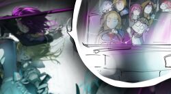  6+girls aikawa_megumi asakura_karen_(heaven_burns_red) asami_makiko_(heaven_burns_red) black_hat blonde_hair blurry blurry_foreground commentary danch331 depth_of_field driving eyepatch floating_hair green_eyes hair_over_one_eye hair_ribbon hat heaven_burns_red highres hood hood_up izumi_yuki_(heaven_burns_red) jitome kayamori_ruka kunimi_tama long_hair looking_at_viewer motor_vehicle multiple_girls nanase_nanami_(angel_crisis)_(heaven_burns_red) nanase_nanami_(heaven_burns_red) o_o one_eye_covered peaked_cap red_eyes red_hair ribbon scared short_hair sketch speech_bubble sweatdrop team_31a_(heaven_burns_red) tearing_up tezuka_saki toujou_tsukasa van white_ribbon 