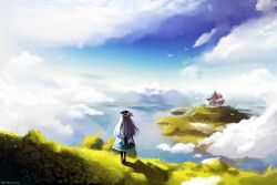  1girl above_clouds aqua_hair bowler_hat building bush clouds day floating_island grass hat hat_ribbon hinanawi_tenshi long_hair mounhill outdoors plant ribbon scenery seelesnider shadow solo sunlight touhou 