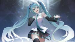 1girl aqua_eyes aqua_hair aqua_nails aqua_trim arm_tattoo bare_shoulders black_boots black_skirt black_sleeves black_thighhighs blush boots breasts collarbone collared_shirt commentary_request detached_sleeves hair_between_eyes hair_ornament hatsune_miku highres long_hair long_sleeves looking_at_viewer miku_day miniskirt number_tattoo open_mouth pleated_skirt shirt skirt sleeveless sleeveless_shirt small_breasts solo tattoo teeth thigh-highs thigh_boots thighs twintails upper_teeth_only very_long_hair vocaloid white_shirt yuki_(24726302) 