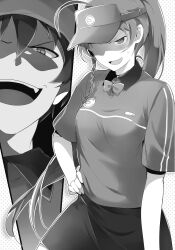  029 1boy 1girl ahoge braid breasts cut-in employee_uniform evil_smile fang fast_food_uniform greyscale hair_between_eyes half-closed_eyes hand_on_own_hip hataraku_maou-sama! highres long_hair maou_sadao monochrome novel_illustration official_art open_mouth pencil_skirt polo_shirt ponytail shaded_face shirt short_hair short_sleeves side_braid skirt small_breasts smile standing third-party_source v-shaped_eyebrows visor_cap yusa_emi 