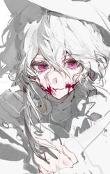  1girl blood blood_on_face commentary faceless hat highres original pink_eyes simple_background solo white_hair white_hat yukii_masako 