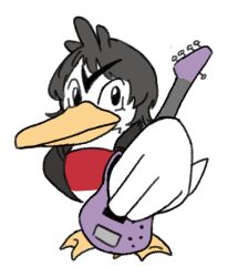  1girl animal at_09098 bang_dream! bang_dream!_it's_mygo!!!!! bird black_eyes black_hair black_jacket cosplay crop_top duck duck_girl electric_guitar farfetch'd farfetch'd_(cosplay) guitar holding holding_guitar holding_instrument instrument jacket long_hair looking_at_viewer open_clothes open_jacket pokemon pokemon_(creature) red_shirt shirt solo solo_focus white_background yahata_umiri 