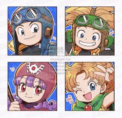  2boys 2girls aviator_cap aviator_goggles betabetamaru blonde_hair blue_background blue_eyes brother_and_sister cape capelet cloak closed_mouth curly_hair dragon_quest dragon_quest_ii gloves goggles goggles_on_head green_cloak highres multiple_boys multiple_girls one_eye_closed open_mouth pink_capelet pink_hood ponytail portrait prince_of_lorasia prince_of_samantoria princess_of_moonbrook princess_of_samantoria purple_hair red_eyes short_hair siblings spiky_hair v white_background 