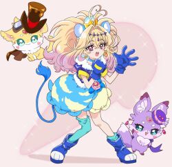  1girl animal_ears aqua_socks aqua_thighhighs asymmetrical_legwear blonde_hair blue_boots blue_choker blue_gloves blue_jacket blue_skirt boots choker claw_pose commentary_request cosplay crown crown_earrings cure_arcana_shadow cure_chocolat cure_chocolat_(cosplay) cure_gelato cure_macaron cure_macaron_(cosplay) diamond_hairband earrings fur-trimmed_jacket fur_trim gloves gradient_hair highres ice_cream_cone in-franchise_crossover jacket jett_(precure) jewelry kirakira_precure_a_la_mode lion_ears lion_tail long_hair looking_at_viewer masaru_(win800) mashu-tan meitantei_precure! mini_crown miniskirt mismatched_legwear moria_luluka multicolored_hair pact_holder partial_commentary pink_eyes pointed_crown precure short_sleeves skirt socks solo sparkle tail thigh-highs two-tone_skirt yellow_crown yellow_skirt 