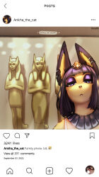  1girl :< animal_crossing animal_ears animal_nose ankha_(animal_crossing) artist_name black_hair blunt_bangs bob_cut body_fur cat_ears cat_girl character_name closed_mouth commentary dated earrings english_commentary english_text expressionless eyeshadow fake_screenshot furry furry_female hair_ornament half-closed_eyes highres indoors instagram jewelry looking_at_viewer makeup multicolored_hair multiple_earrings museum purple_eyeshadow selfie short_hair sidelocks signature snake_hair_ornament solo spuydjeks standing statue streaked_hair stud_earrings two-tone_hair upper_body usekh_collar violet_eyes yellow_fur 