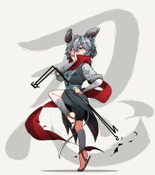  1girl alternate_costume animal_ears artist_name bandaged_arm bandaged_leg bandages commentary_request dated dowsing_rod full_body grey_kimono grey_shorts highres holding japanese_clothes kimono leg_up looking_at_viewer mouse_ears mouse_girl mouse_tail nazrin red_scarf sandals scarf shorts solo tail tami_(joemanyodw) touhou translation_request 