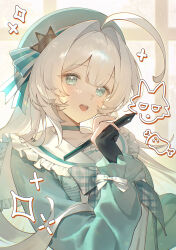  :d absurdres aqua_dress aqua_eyes aqua_hat bow commentary_request dress food gloves hat highres holding huion indoors long_hair looking_at_viewer pen smile solo star_(symbol) white_hair window wolf yoha_(yunikon) yunikon 